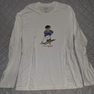 Polo Ralph Lauren Ski Bear T Shirt Men Medium White Long Sleeve Crew Neck Preppy